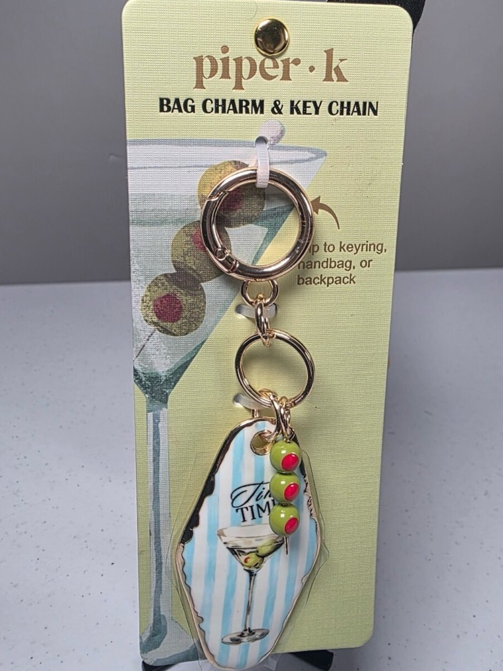 piper•k Gold Martini Bag Charm Key Chain - Blue & White “Tini Time”